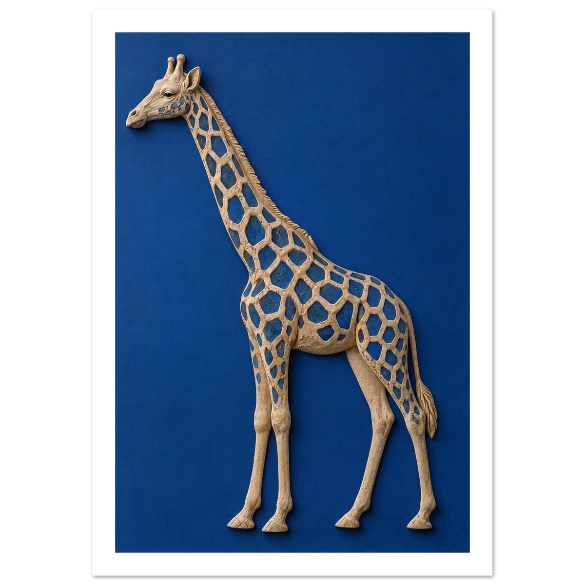 Beige giraffe with blue patches and a raised, sculptural appearance against a textured cobalt blue background.