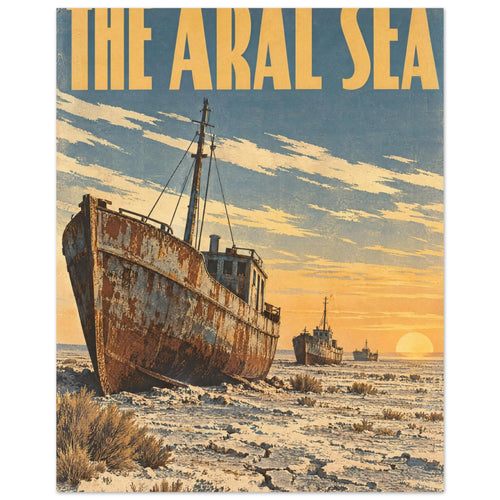 Rusted boats on cracked dry ground beneath a blue and gold sunset sky, with large yellow lettering reading 'The Aral Sea'.