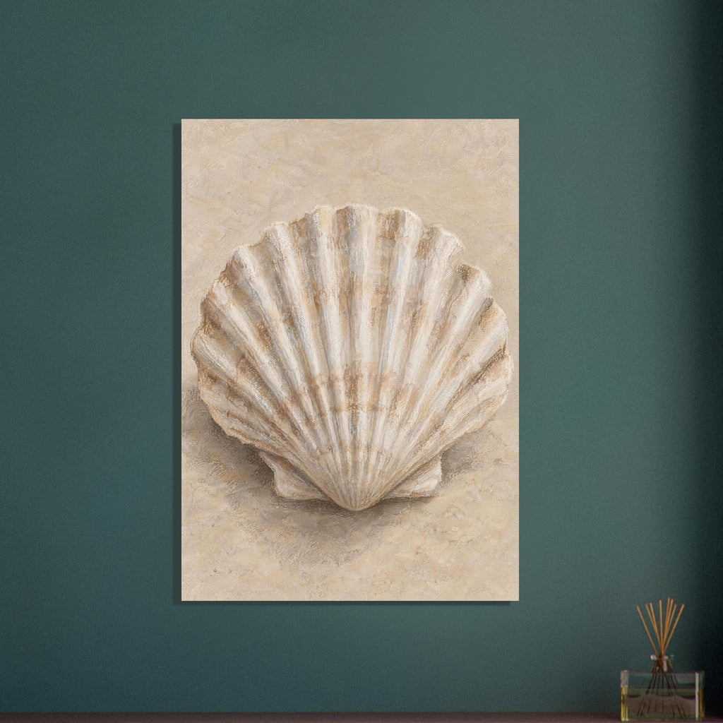 Fan-shaped scallop shell with cream ridges and brown shading on a softly textured beige background.