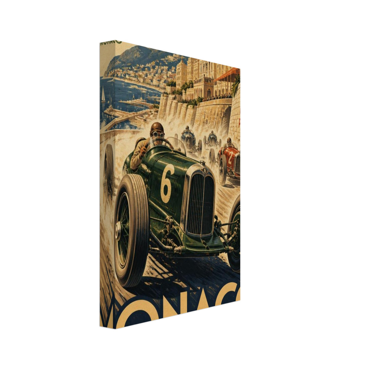Vintage-style Monaco Grand Prix poster with racing cars beside a harbour, grand buildings and text dated 14 Avril 1929.