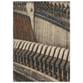Upright piano interior with strings, tuning pins and cream felt hammers, drawn in textured brown, charcoal and muted blue.