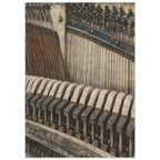 Upright piano interior with strings, tuning pins and cream felt hammers, drawn in textured brown, charcoal and muted blue.