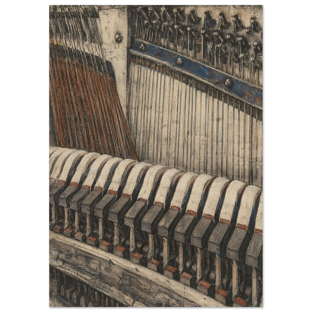 Upright piano interior with strings, tuning pins and cream felt hammers, drawn in textured brown, charcoal and muted blue.