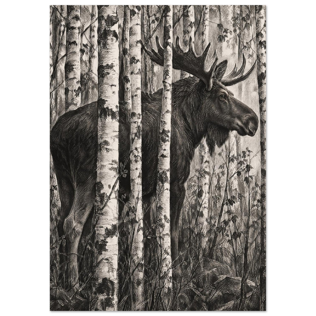 Moose with broad antlers standing among pale birch trunks, with detailed dark shading, thin branches and rocks below.