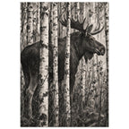 Moose with broad antlers standing among pale birch trunks, with detailed dark shading, thin branches and rocks below.