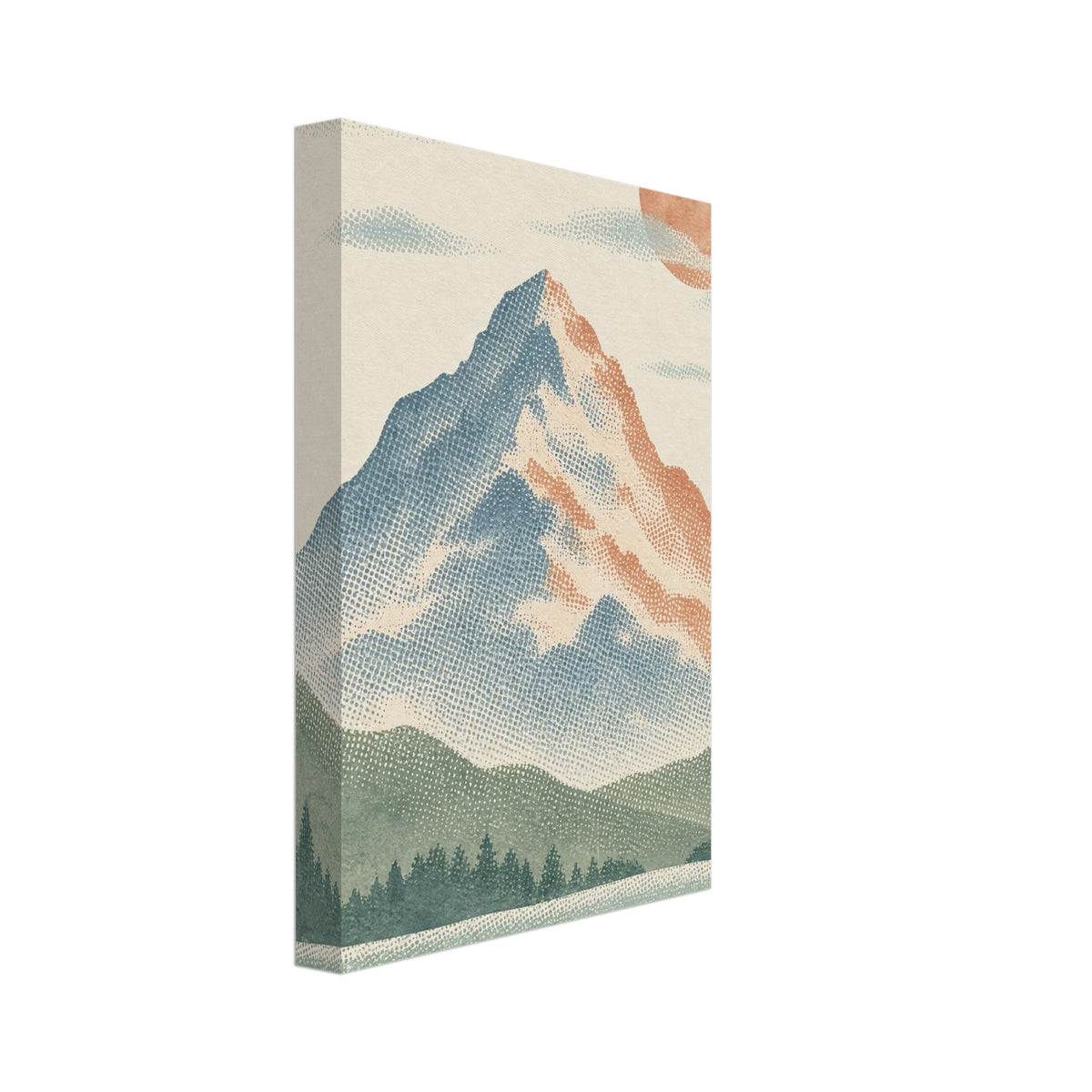 Dotted mountain in blue and terracotta beneath an orange sun, with pale clouds, green foothills and trees on cream.