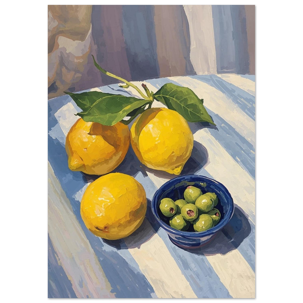 Three yellow lemons with green leaves beside a blue bowl of green olives on a pale striped surface with strong shadows.