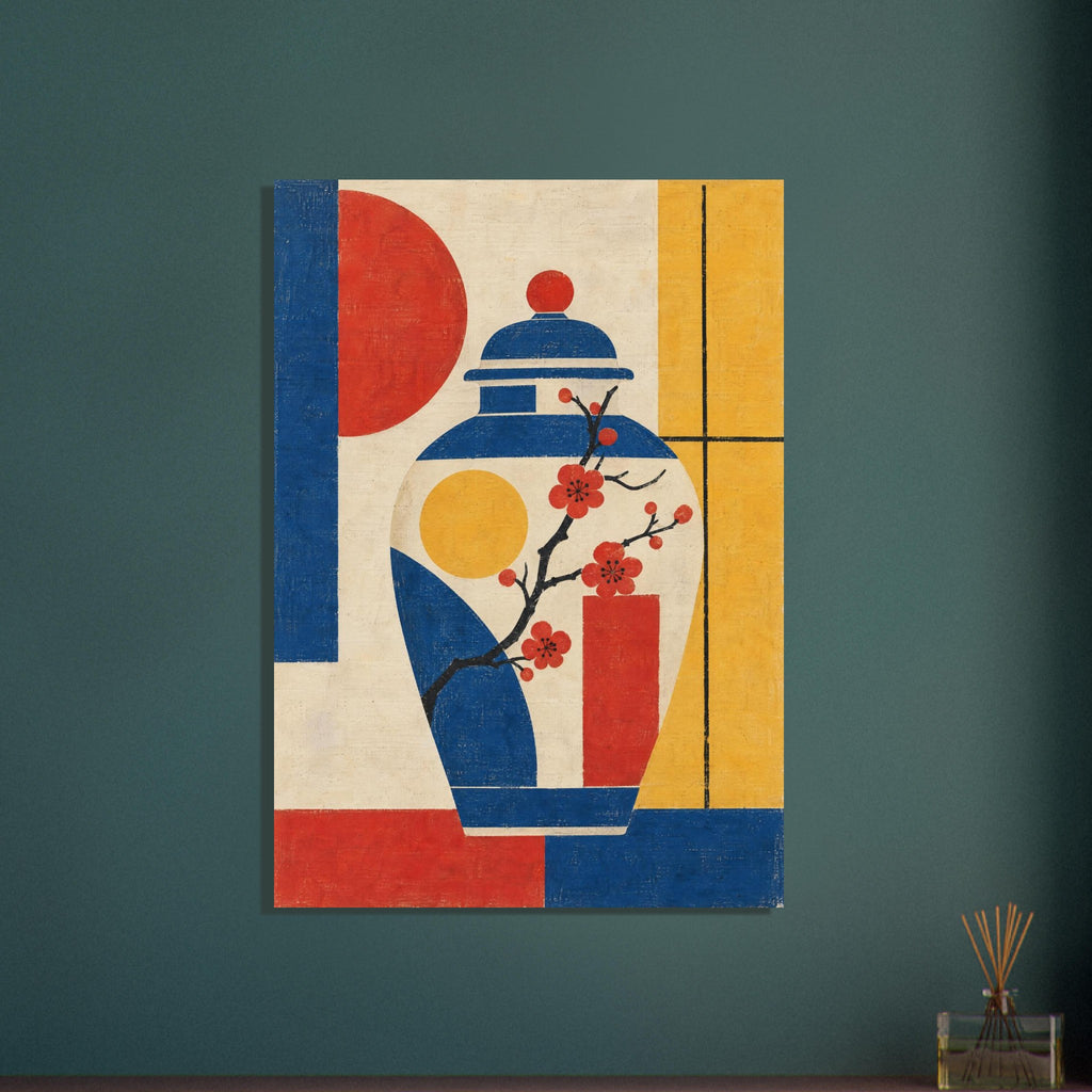 Lidded blue and cream jar with red blossoms against a textured geometric background of red, yellow, blue and cream.