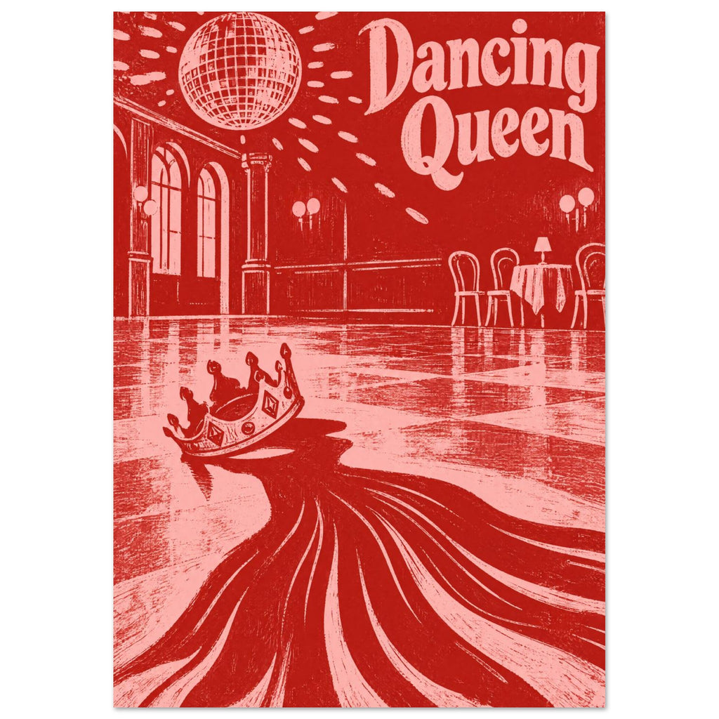 Dancing Queen lettering above a disco ball, empty ballroom and crown casting sweeping shadows, illustrated in red and pink.