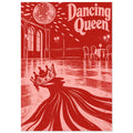 Dancing Queen lettering above a disco ball, empty ballroom and crown casting sweeping shadows, illustrated in red and pink.