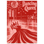 Dancing Queen lettering above a disco ball, empty ballroom and crown casting sweeping shadows, illustrated in red and pink.