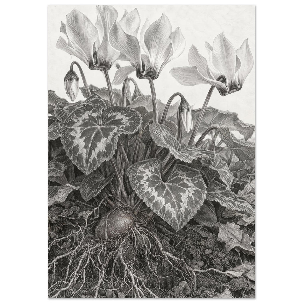 Cyclamen pencil drawing with swept-back flowers, patterned heart-shaped leaves, an exposed tuber and branching roots.