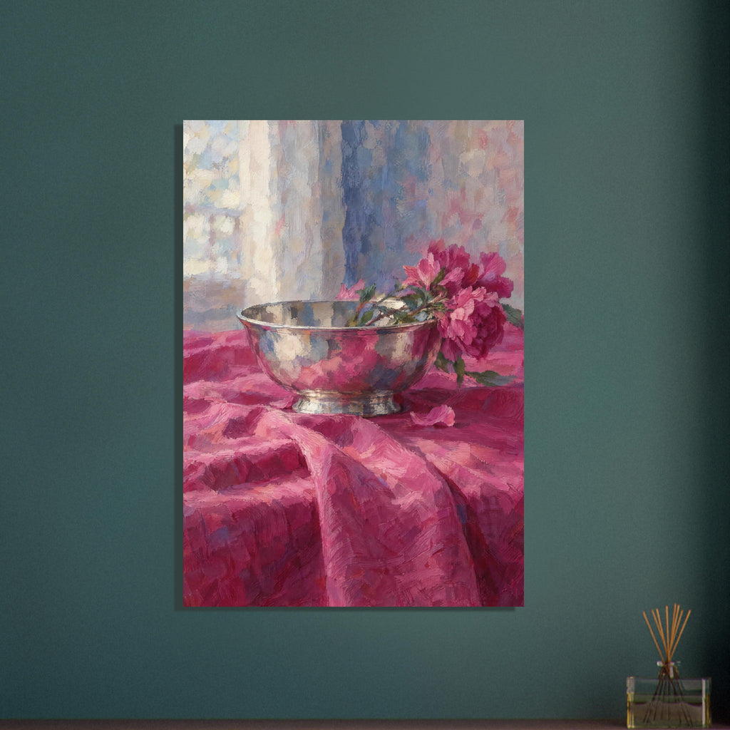 Pink flowers lean over a reflective silver bowl on folded magenta cloth, with a softly painted window behind.