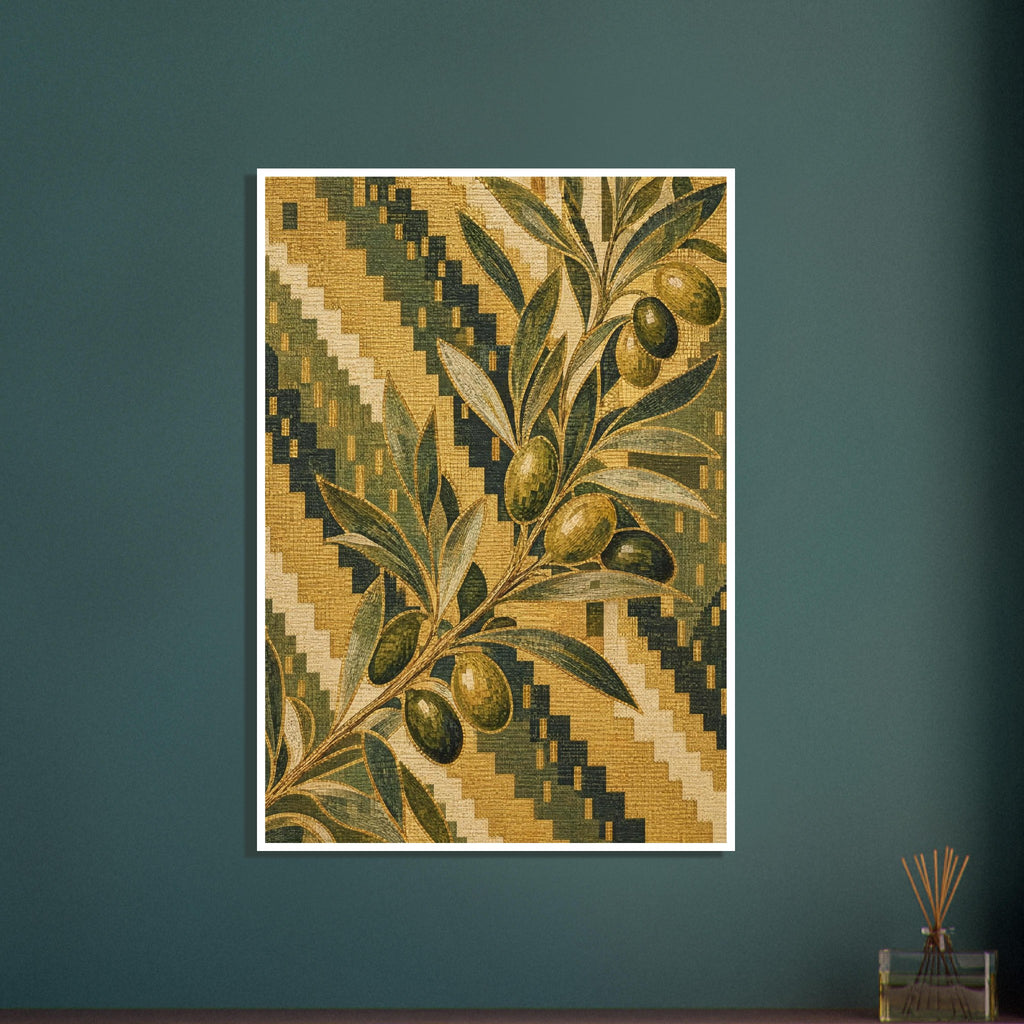 Olive branch with green olives and slender leaves over a green, ochre and cream stepped pattern with woven-look texture.