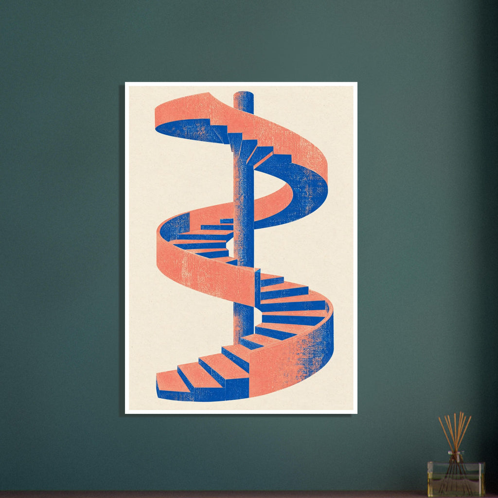 Spiral staircase in coral and cobalt blue winding around a central column on a cream background, with distressed texture.