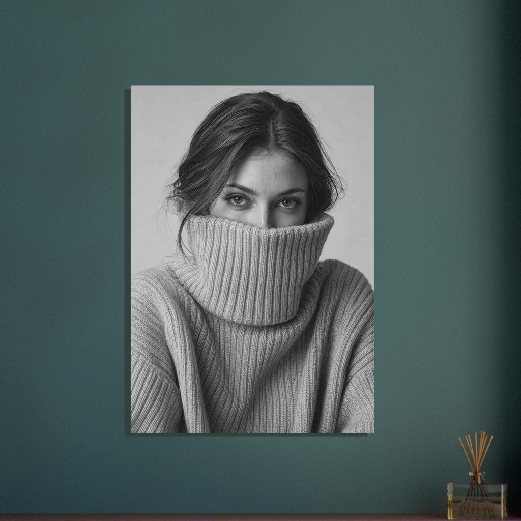 Woman with dark hair looking directly ahead, her ribbed jumper pulled over her mouth, in a black and white portrait.