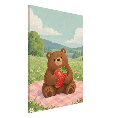 Brown bear holding a large strawberry on a pink checked picnic blanket in a green meadow with daisies and cream clouds.