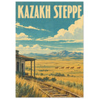 Kazakh Steppe travel poster with teal sky, golden grassland, horses, mountains and overgrown tracks beside a railway building