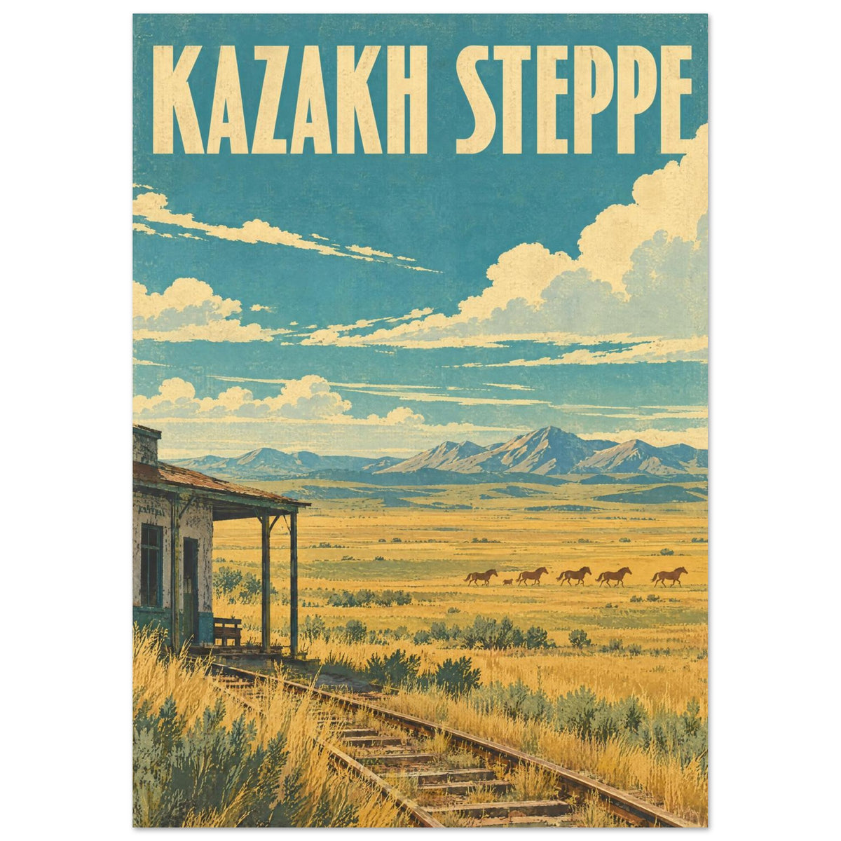 Kazakh Steppe travel poster with teal sky, golden grassland, horses, mountains and overgrown tracks beside a railway building