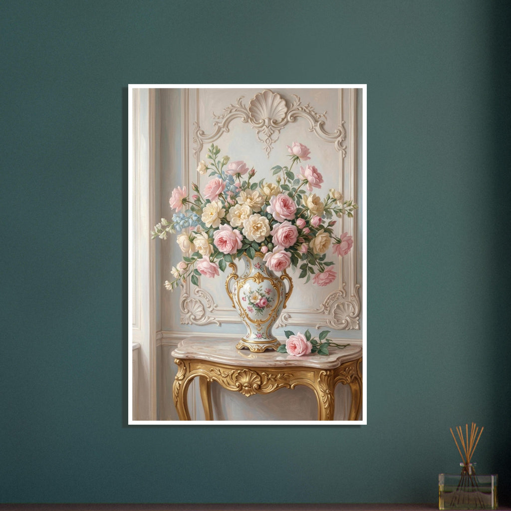 Pink and cream roses in a gold-trimmed floral vase on a gilded console table against ornate pale wall panelling.