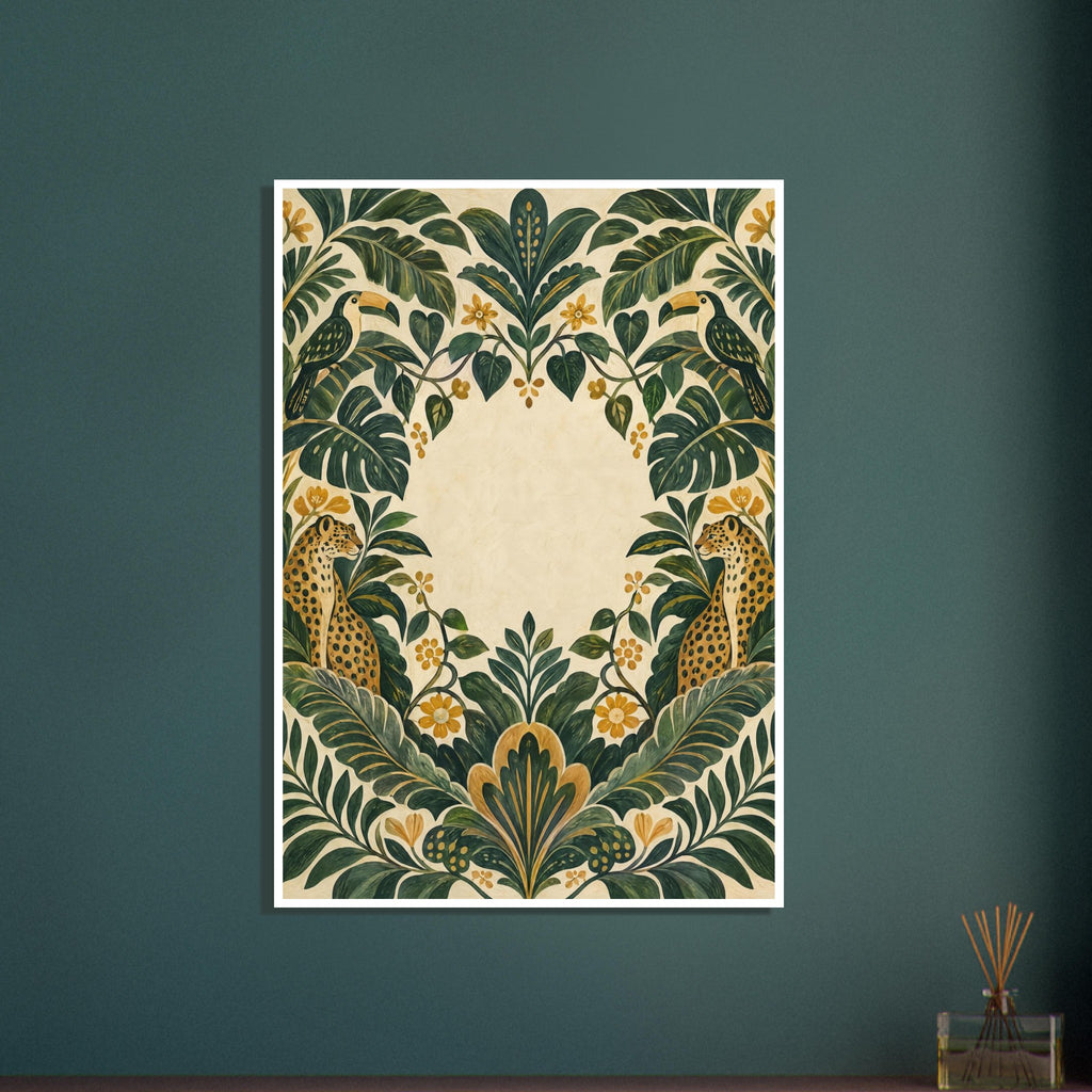 Two toucans and two spotted big cats among symmetrical green leaves and golden flowers around an empty cream centre.