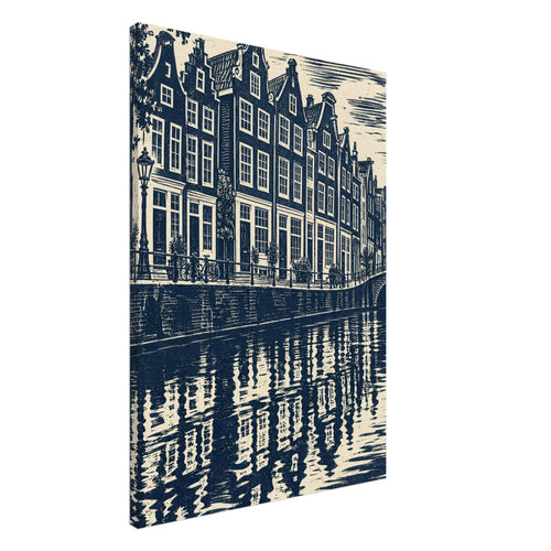 Gabled canal houses in navy and cream, with a street lamp, bicycles, an arched bridge and rippling reflections.