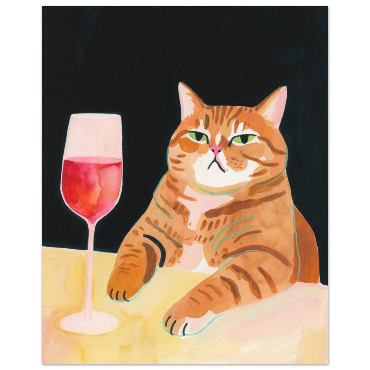 Ginger tabby with green eyes resting its paws on a yellow table beside a glass of pink-red wine against a dark background.