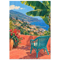 Turquoise woven chair on a coral terrace beneath large green leaves, overlooking a hillside town and blue sea.