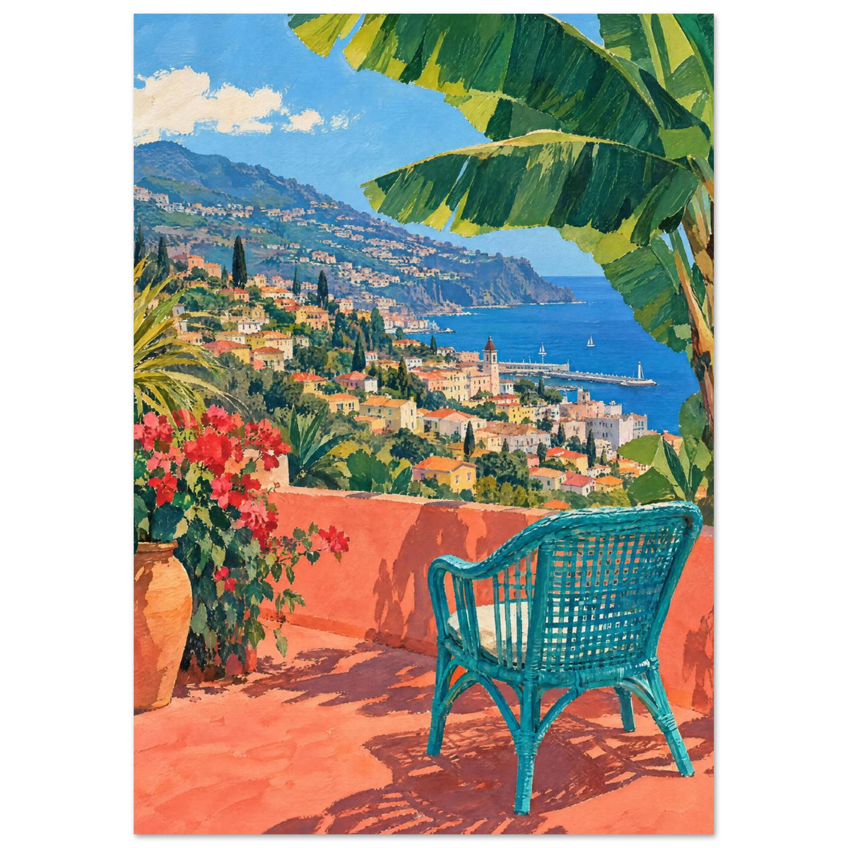 Turquoise woven chair on a coral terrace beneath large green leaves, overlooking a hillside town and blue sea.