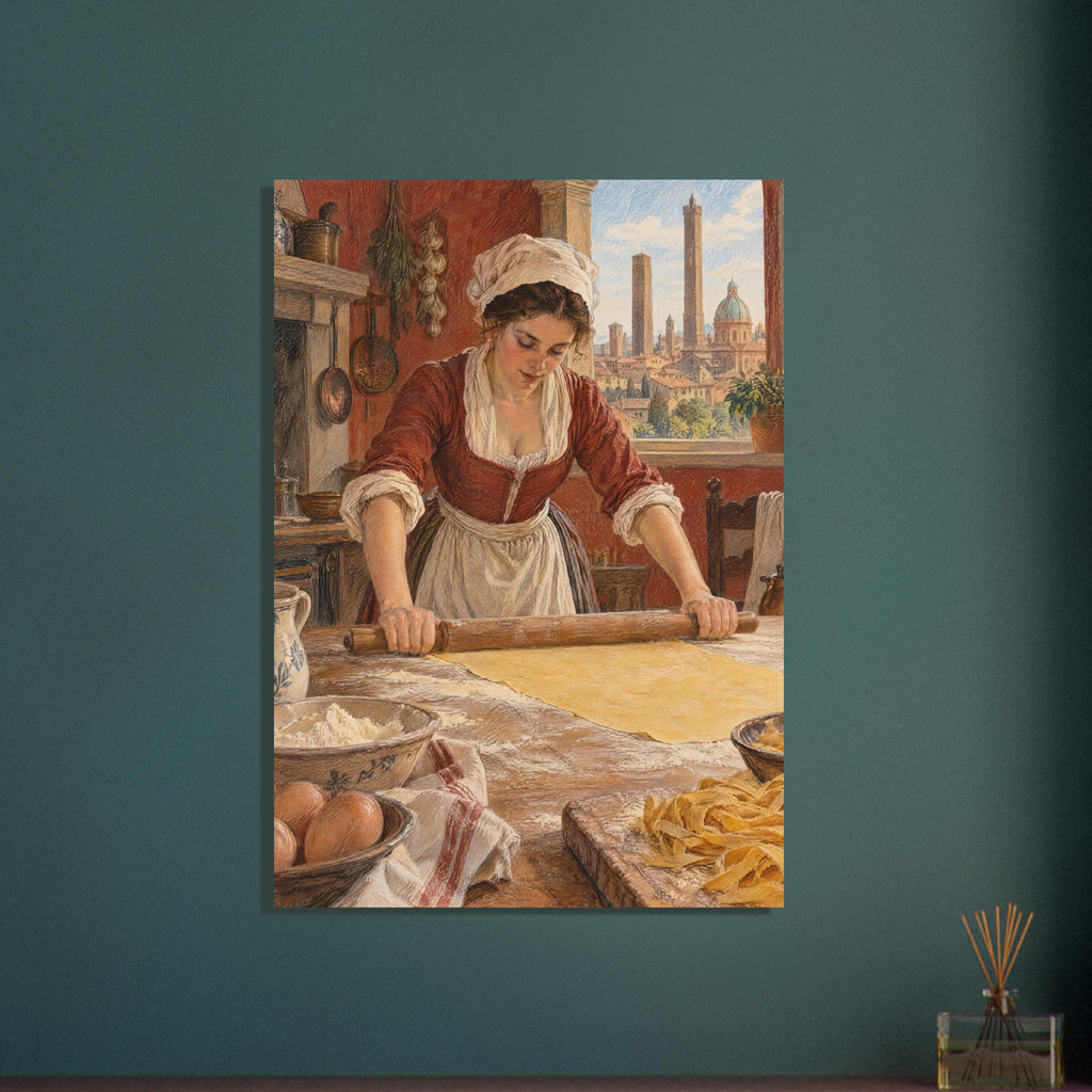 Woman rolling pasta dough in a rustic kitchen, with eggs, flour and cut pasta on the table and towers beyond the window.