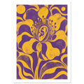 Yellow flower with a human ear at its centre, sweeping petals and curling leaves against a textured purple background.