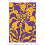 Yellow flower with a human ear at its centre, sweeping petals and curling leaves against a textured purple background.