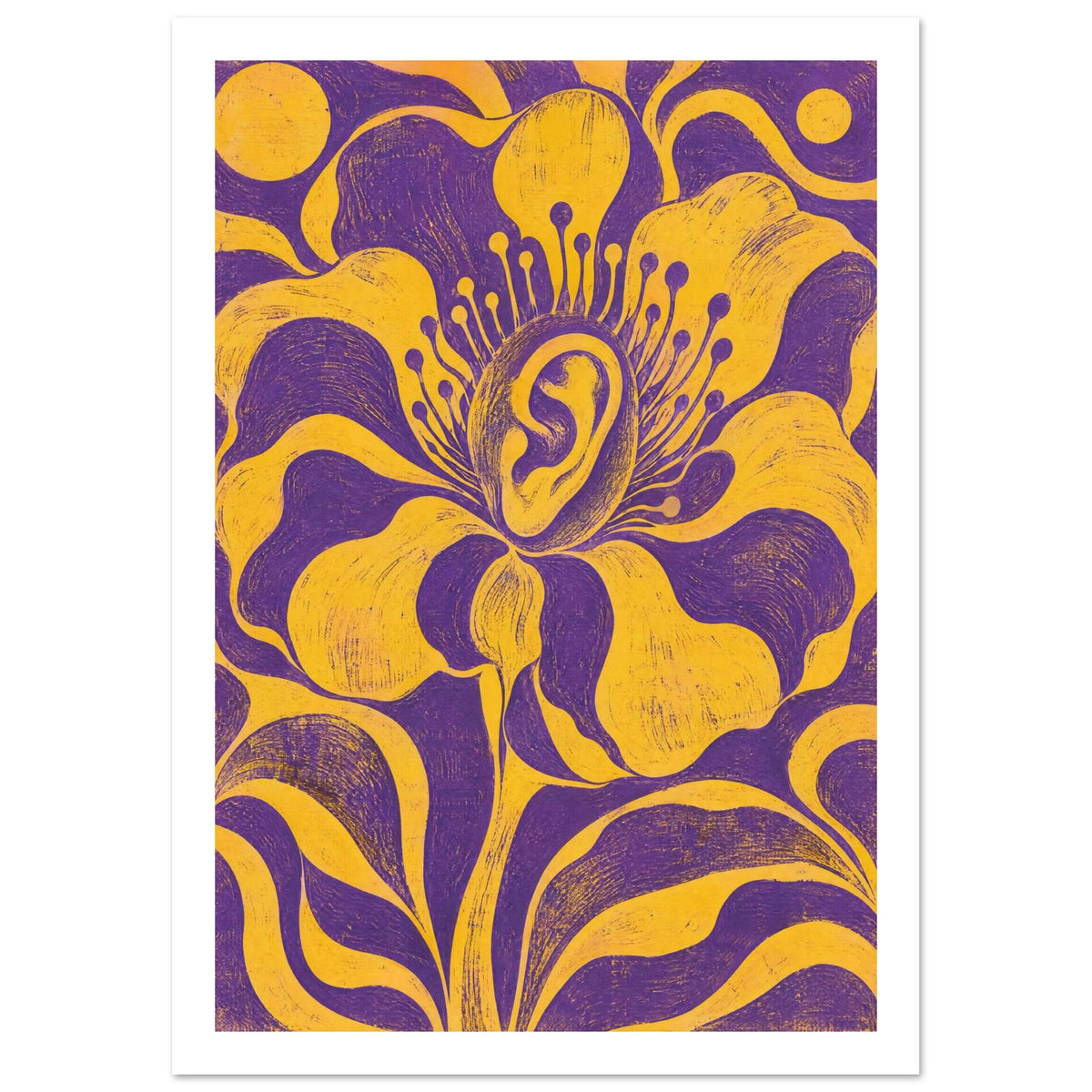 Yellow flower with a human ear at its centre, sweeping petals and curling leaves against a textured purple background.