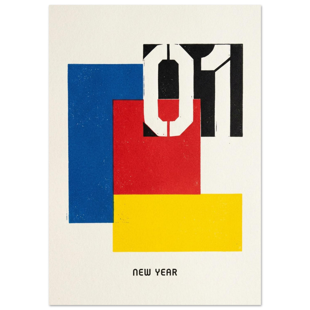 New Year design with overlapping blue, red and yellow rectangles, large black and cream numerals and lettering below.