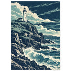 Lighthouse on rugged cliffs above breaking blue waves, beneath sweeping cream clouds in a textured navy sky.