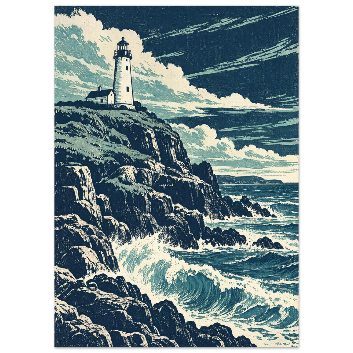 Lighthouse on rugged cliffs above breaking blue waves, beneath sweeping cream clouds in a textured navy sky.