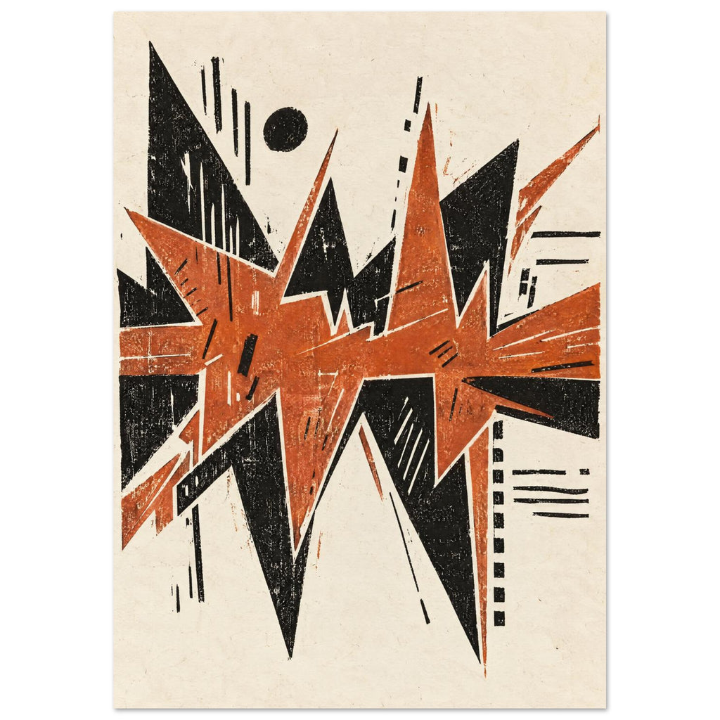 Jagged orange and black geometric shapes with scattered lines and a black circle on a textured cream background.