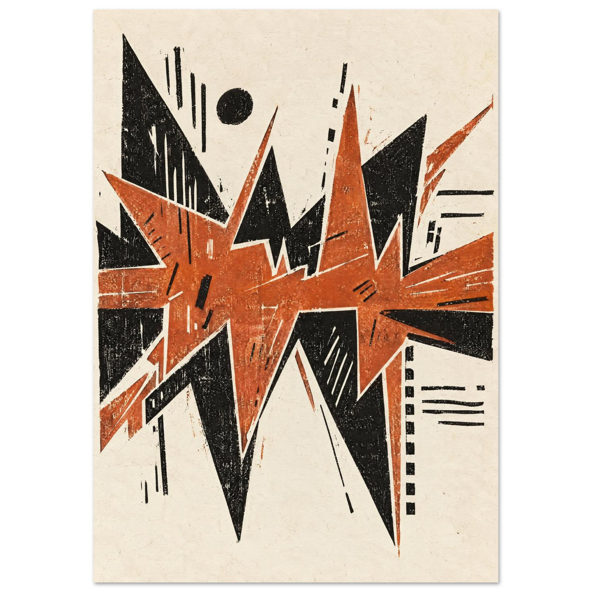 Jagged orange and black geometric shapes with scattered lines and a black circle on a textured cream background.