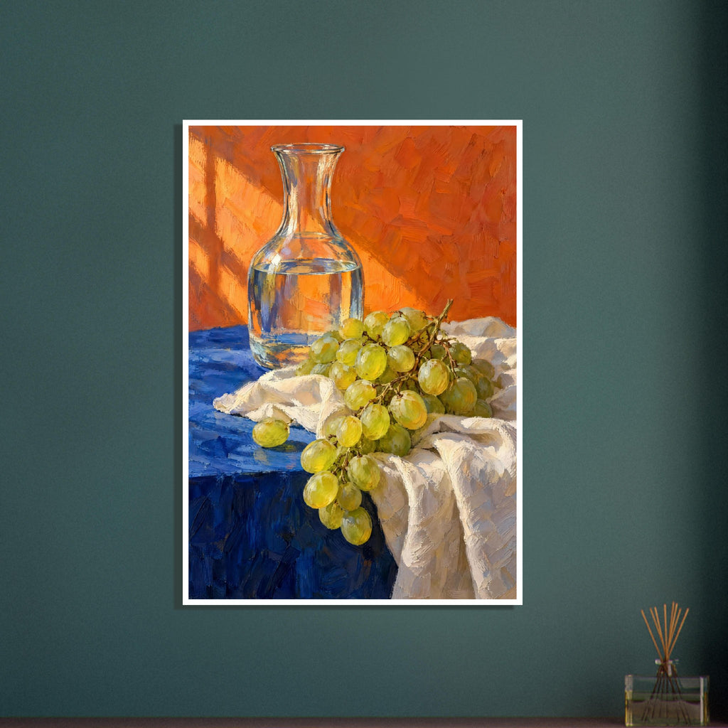 Green grapes on cream fabric beside a glass carafe of water, with a blue tabletop and textured orange background.