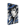 Manga-style portrait with windswept dark hair and a high collar, crossed by blue, black and off-white torn-paper bands.