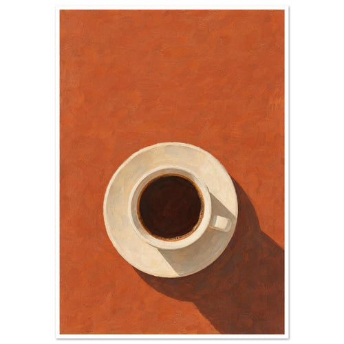 Cream cup filled with dark coffee on a saucer, viewed from above against terracotta orange with a long brown shadow.