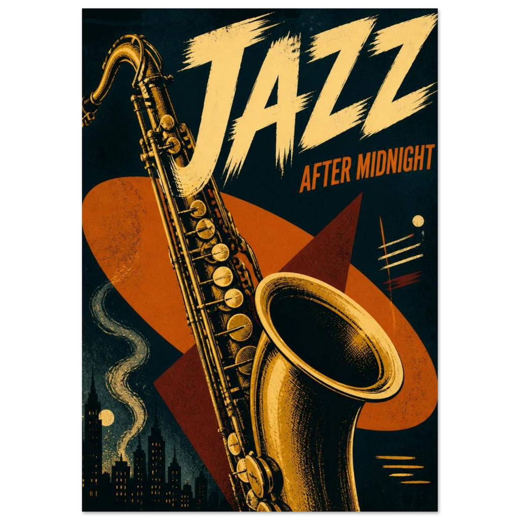 Golden-yellow saxophone on deep teal with orange shapes, a small skyline and bold ‘Jazz After Midnight’ lettering.