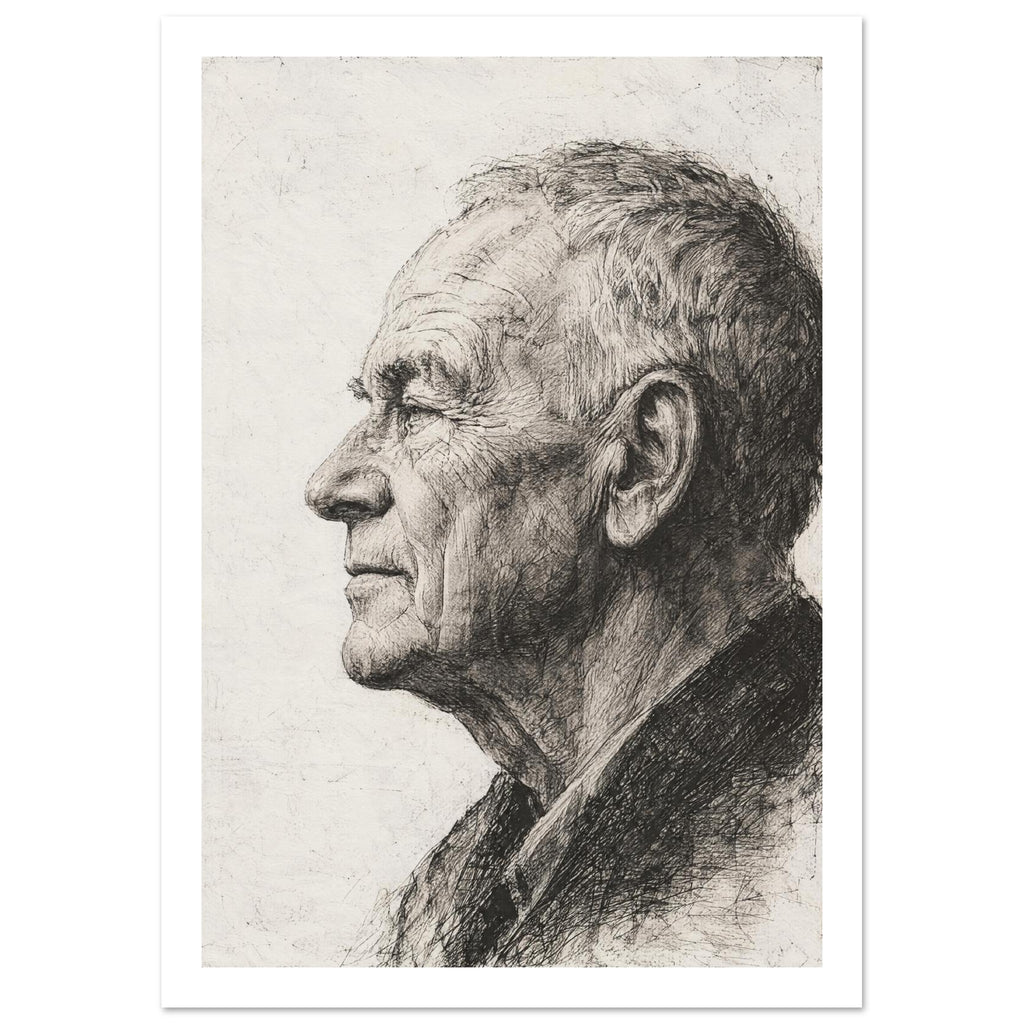Older man in left-facing profile, drawn with fine dark lines and dense cross-hatching on a textured cream background.