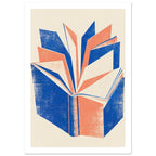 Open book with angular pages fanning upwards in blue, coral and cream, with distressed textures on a cream background.