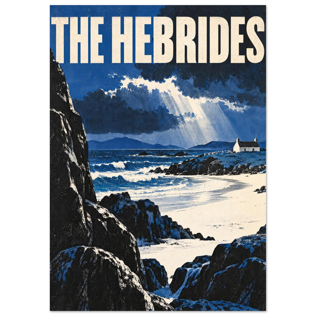Hebrides coastal poster with bold cream lettering, blue waves, dark rocks, a white cottage and sunlight through clouds.