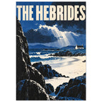 Hebrides coastal poster with bold cream lettering, blue waves, dark rocks, a white cottage and sunlight through clouds.