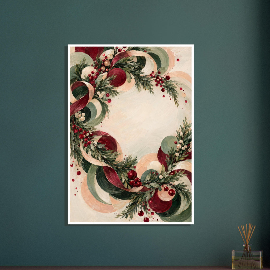 Christmas wreath of evergreen branches, red berries and sweeping burgundy, green and peach curls on a cream background.