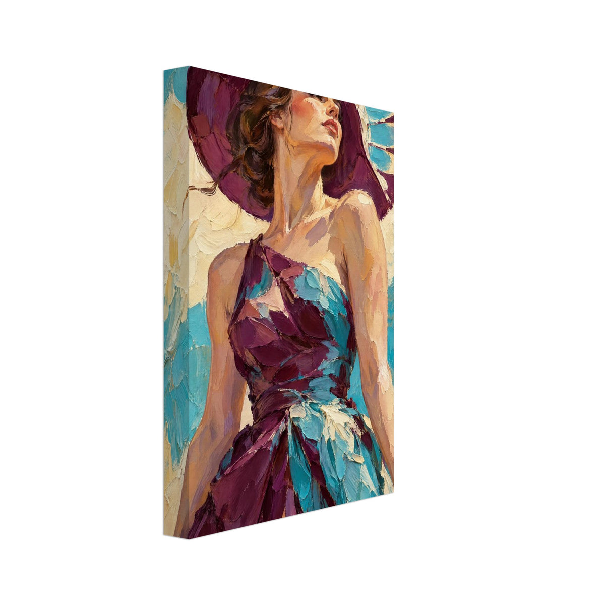 Woman in a wide purple hat and purple and turquoise dress, painted with textured strokes against a turquoise and cream backdr