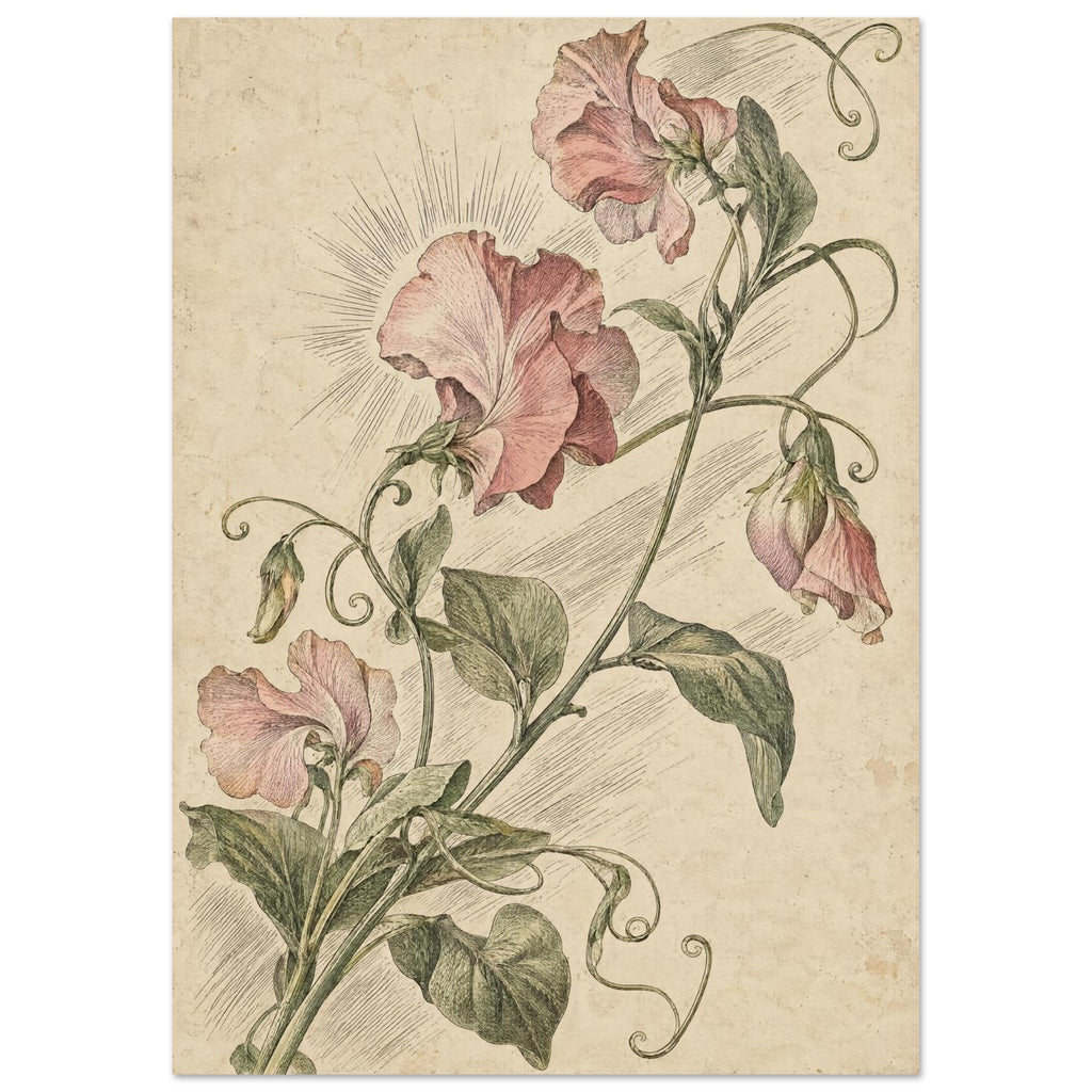 Pink sweet pea flowers with green leaves and curling tendrils, finely illustrated on a mottled cream background.