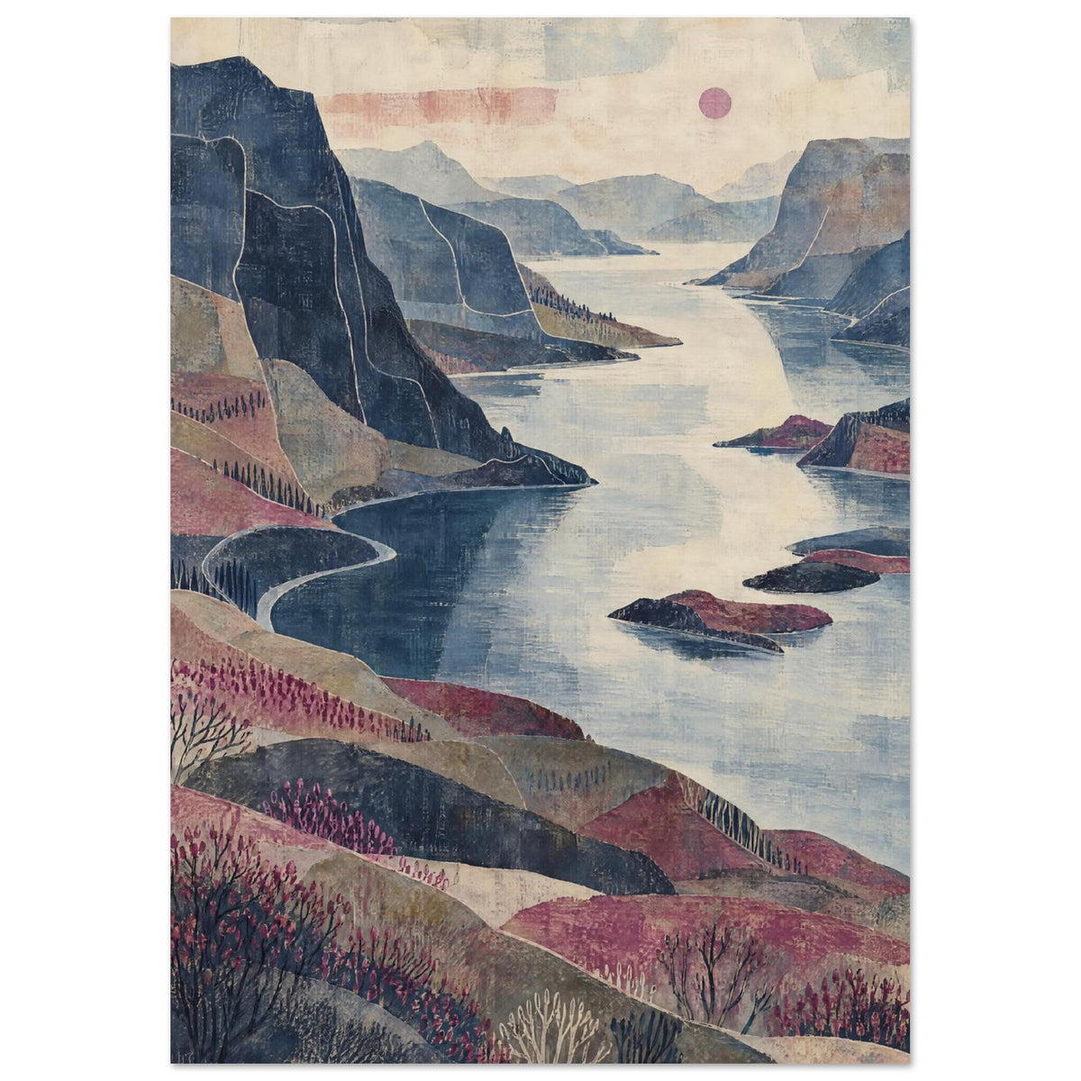 Fjord winding between layered blue cliffs and pink hills, with flowering shrubs in the foreground and a small pink sun.